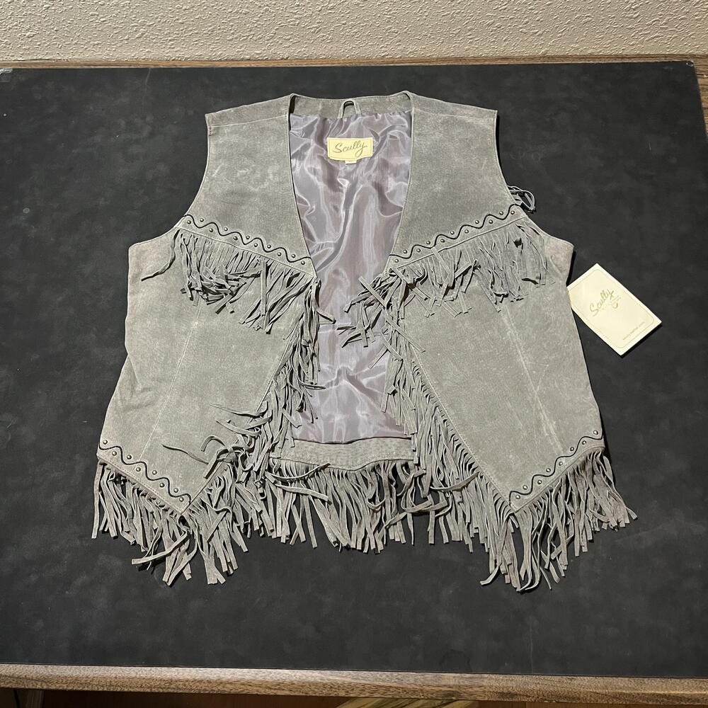 Scully Suede Fringe Vest Womens Gray Western Boho Lined Leather Open Front L26